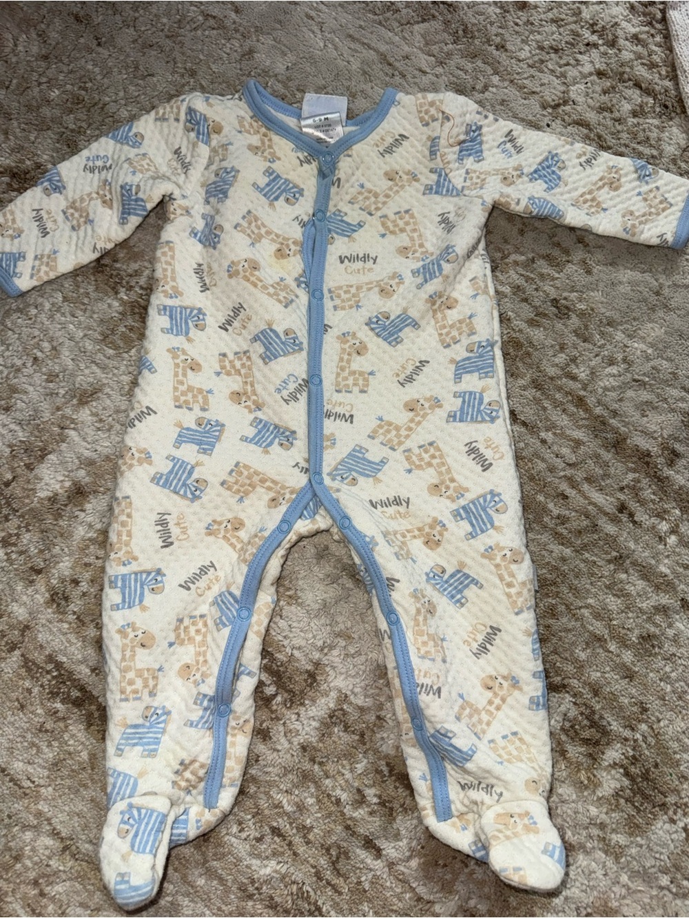 Quilted Cream and Blue Baby Footed Pajamas with Giraffe Print
